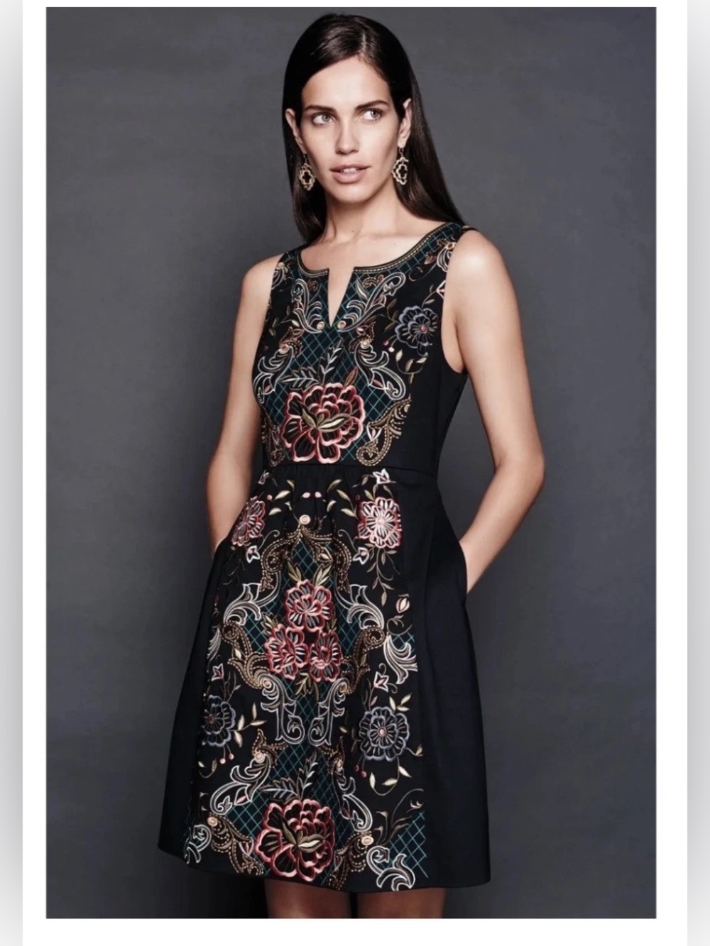 Anthropologie Moulinette Soeurs Embroidered Floral Black Dress Boho Fit Flare 6
